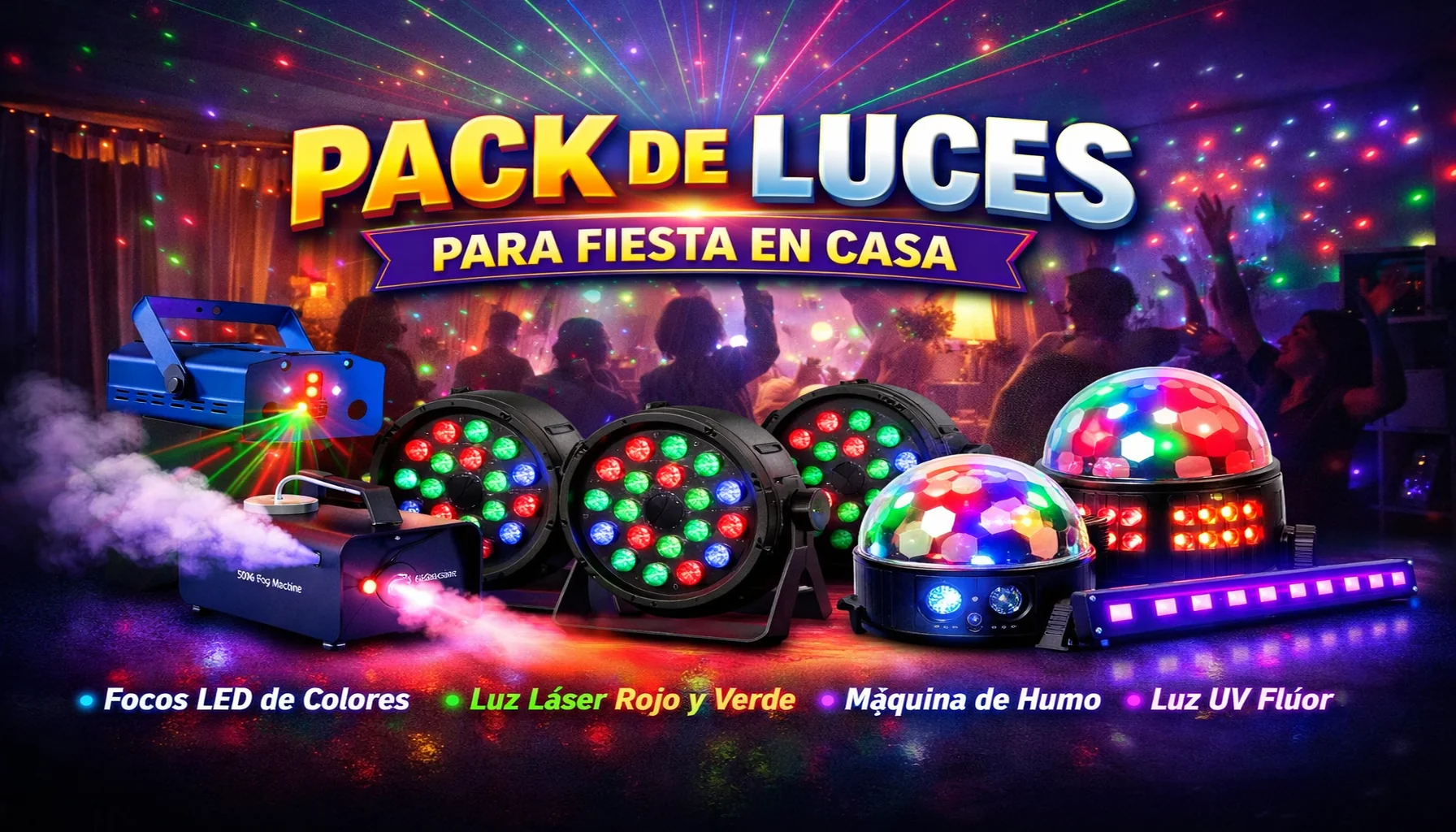 Pack de luces para fiestas en casa con focos LED de colores, láser rojo y verde, máquina de humo y efectos disco para living y patio