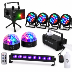 Set básico de luces para fiestas en casa con focos LED RGB, mini láser rojo y verde, máquina de humo, mini bolas disco LED y barra UV flúor.