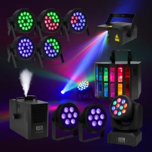Set de luces para fiestas en quinchos con focos LED RGB, láser, UV flúor, derby, máquina de humo y cabeza móvil para espacios de 12x8 metros.