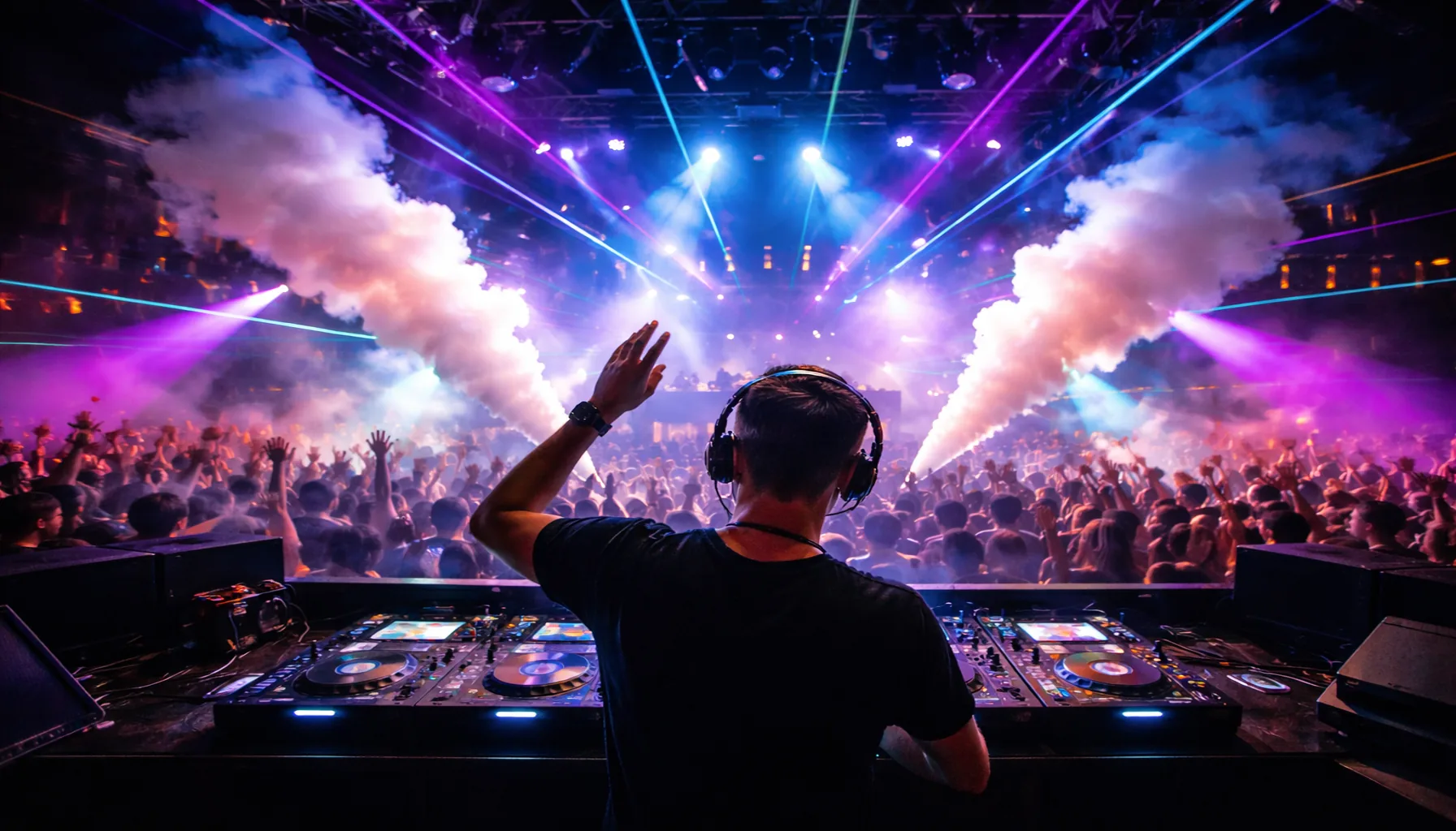 máquina de humo para DJs resaltando luces y efectos en un show en vivo