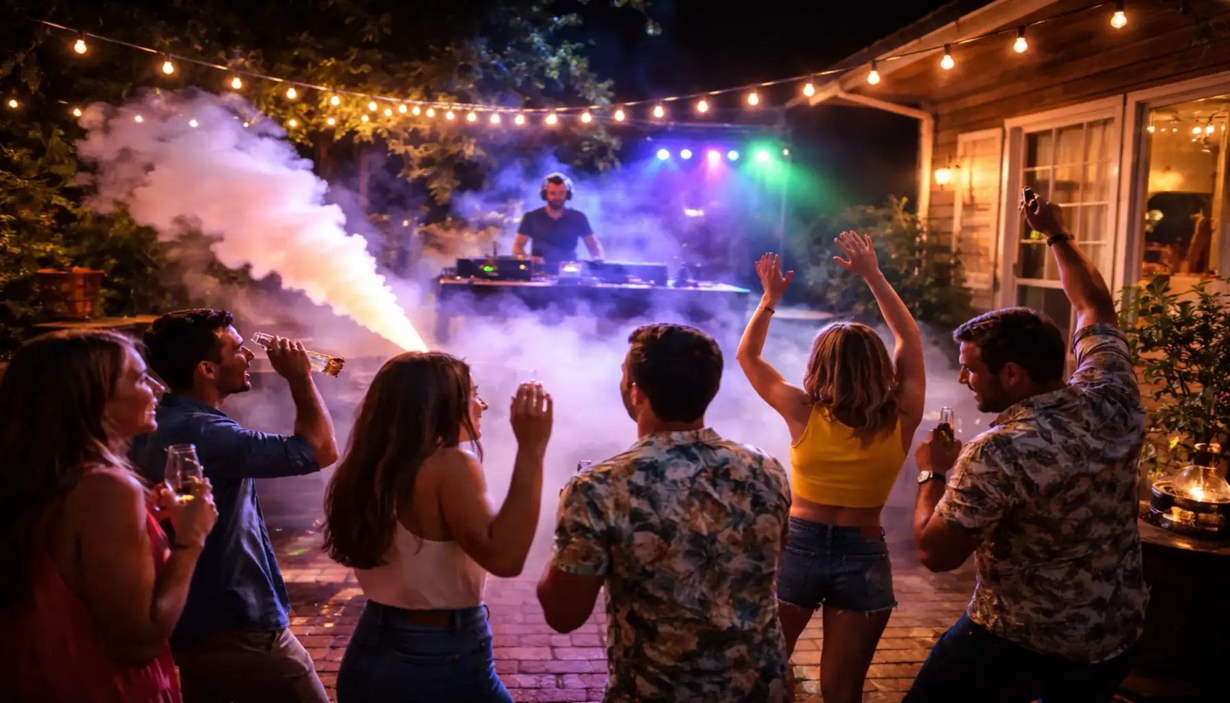 máquina de humo para fiestas en casa en patio, quincho y terraza con luces de colores