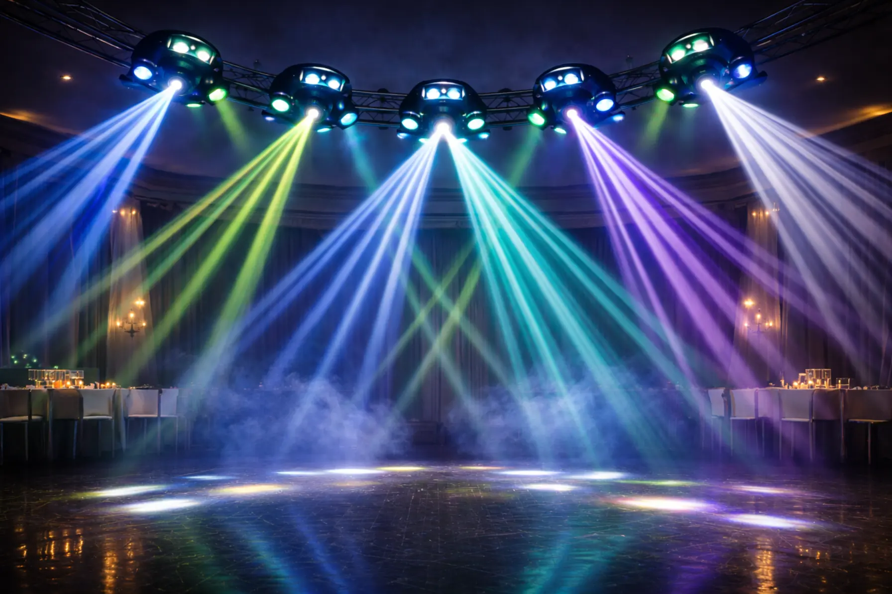 Cabezas móviles LED multicolor con rayos tipo club moderno, haces láser definidos en múltiples colores