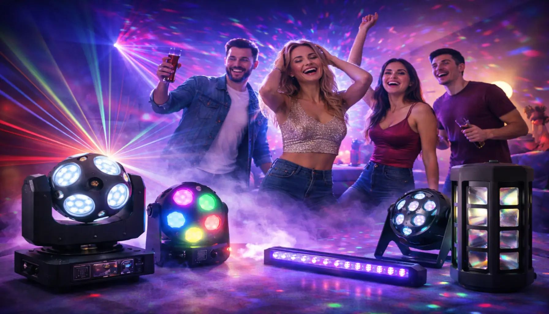 Iluminación LED para fiestas en casa en Chile con efectos de colores y ambiente festivo