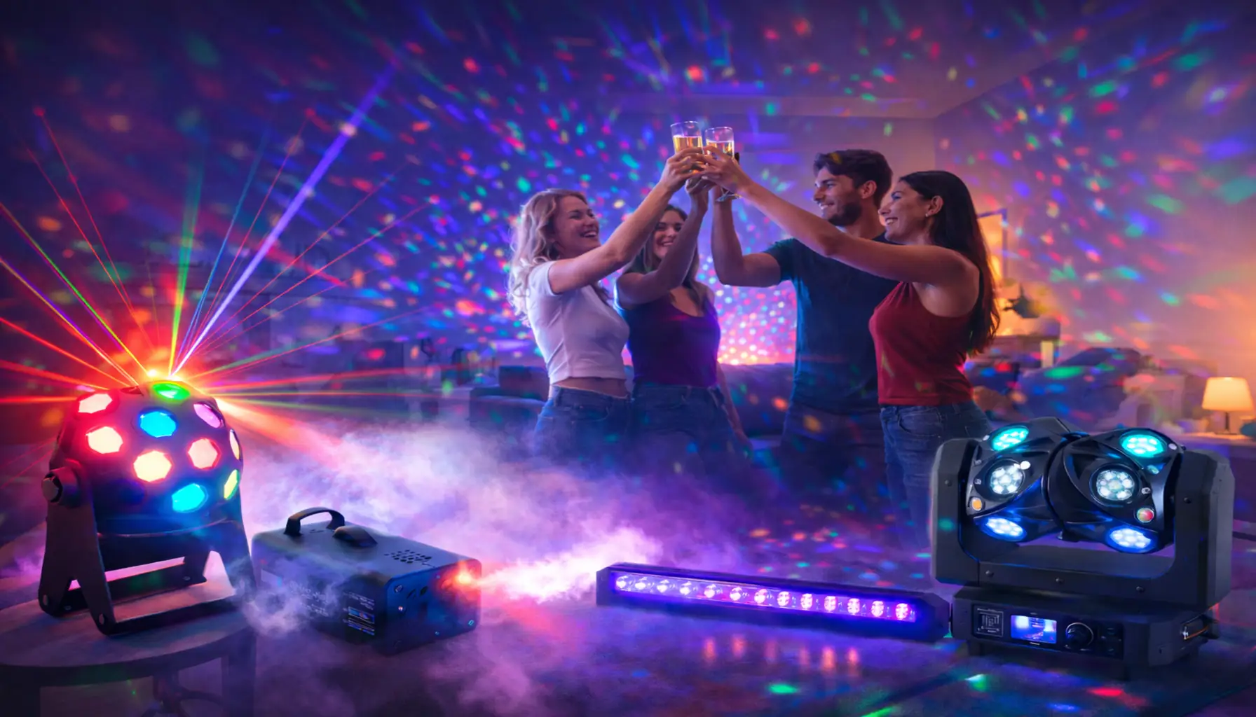 Láser RGB y máquina de humo para fiestas en casa creando ambiente tipo discoteca