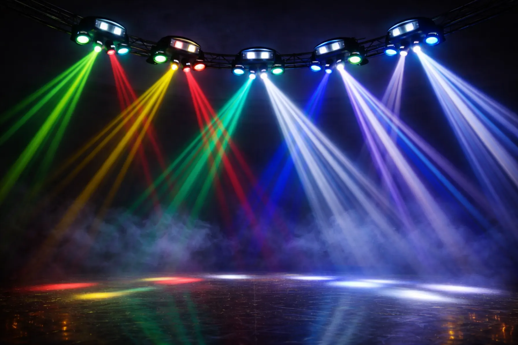 Luces DJ móvil profesional multihaz tipo pulpo beam en evento con humo, rayos definidos y colores tipo club