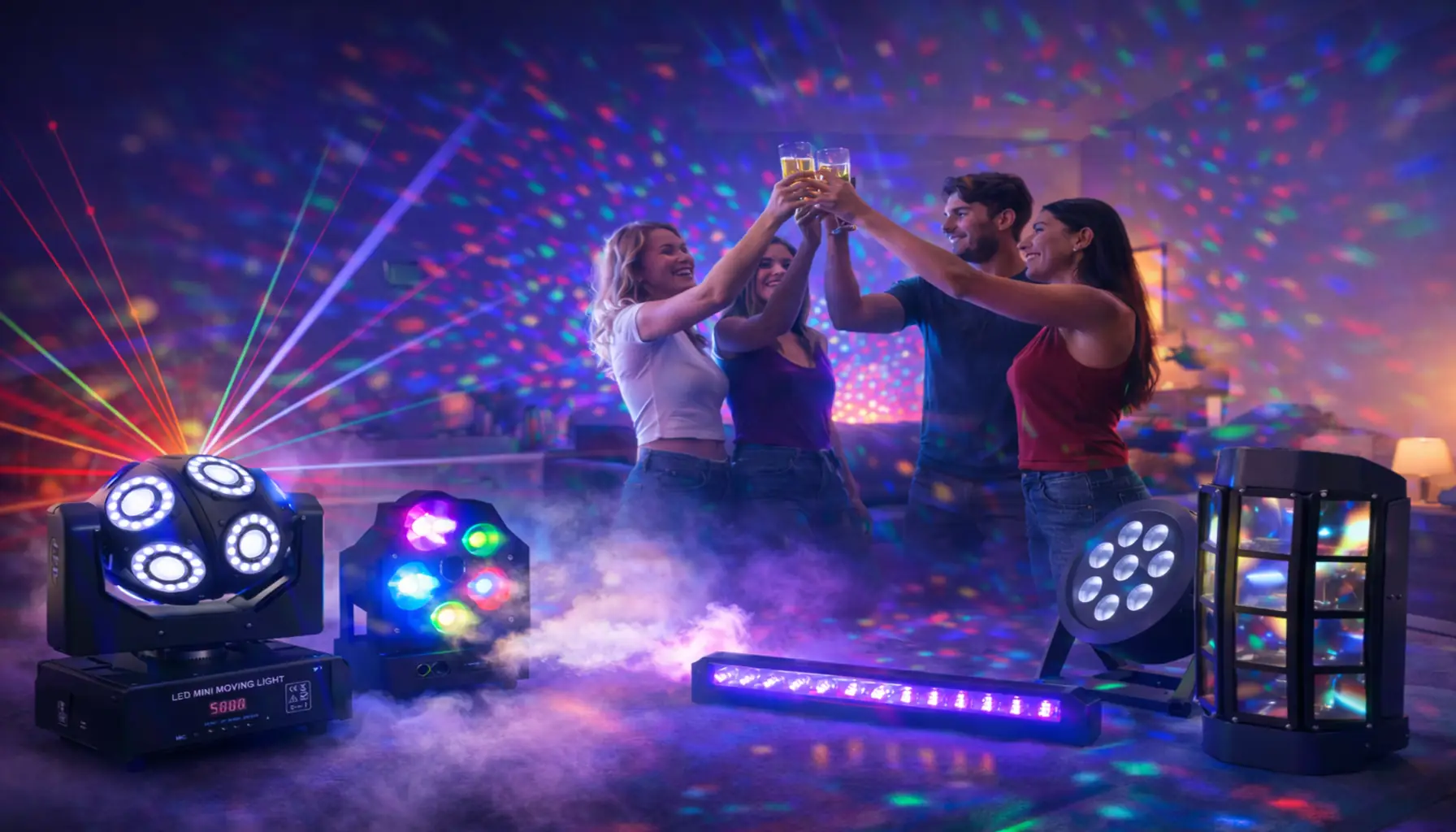 Luces para fiestas en casa con láser y máquina de humo para cumpleaños y celebraciones