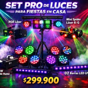 Set pro de luces para fiestas en casa con láser RGB, focos LED de colores, mini spider con láser rojo y verde, barras LED UV y máquina de humo 900W