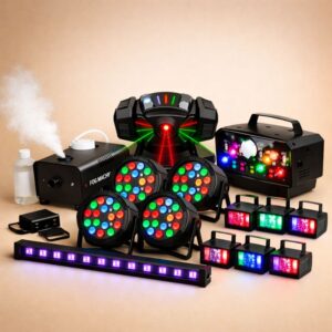 Set intermedio de luces para fiestas en casa con mini spider LED, máquina de humo, focos LED de colores, barra UV y estrobos RGB
