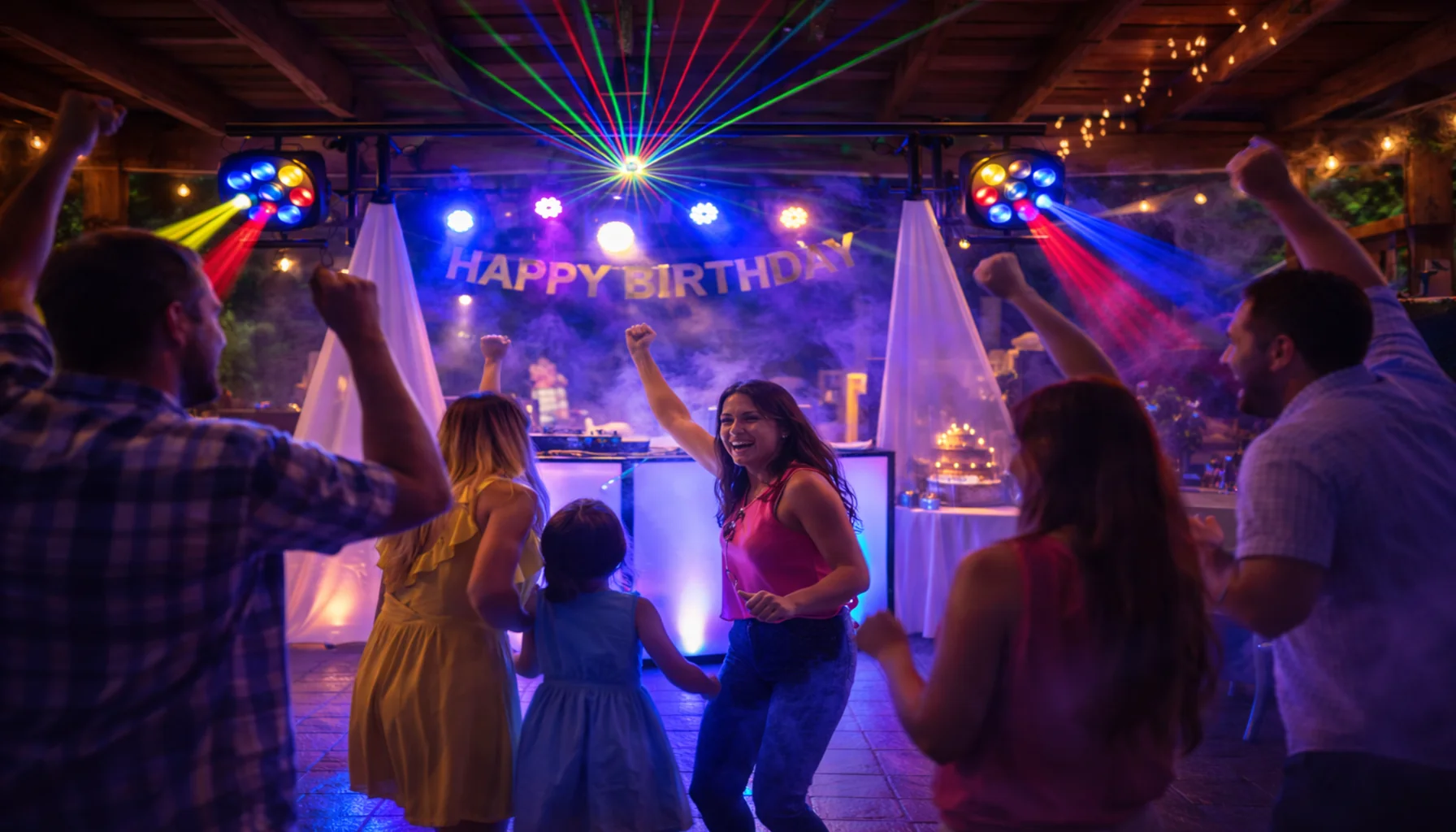 Iluminación para cumpleaños en quinchos con luces de colores y ambiente festivo familiar