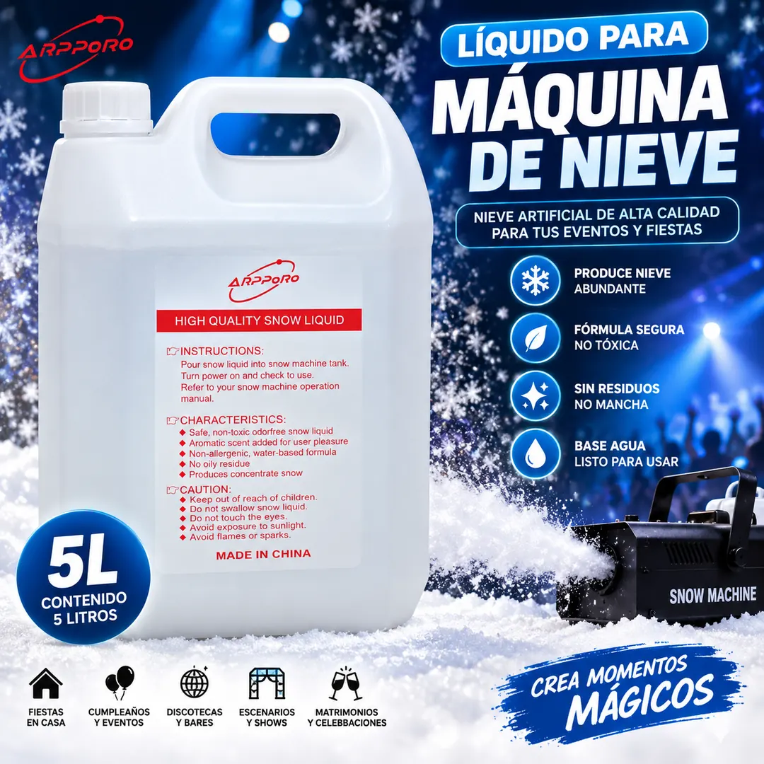 Líquido para hacer nieve artificial con máquina de nieve para fiestas, escenarios y celebraciones