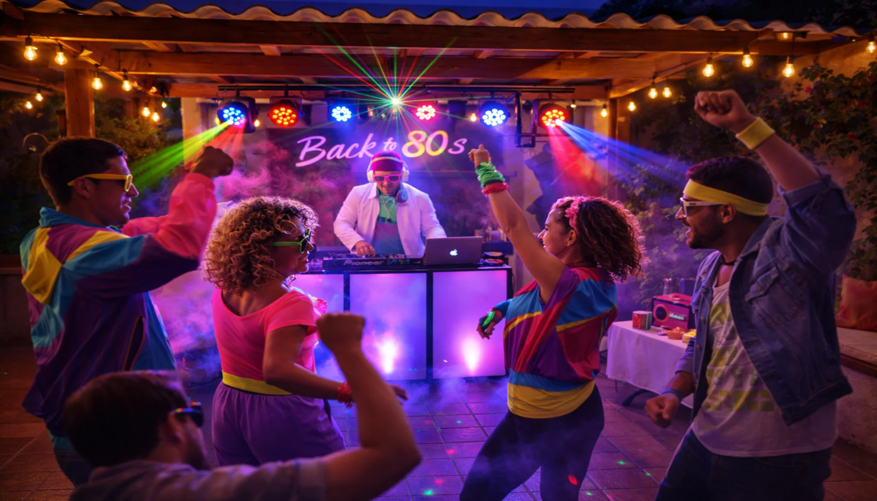 Luces para fiestas en quinchos con DJ y pista de baile iluminada con efectos LED profesionales