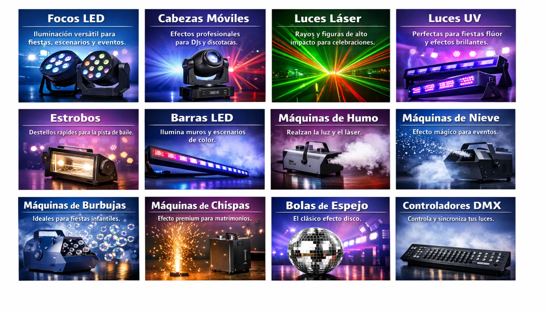 Categorías de luces para fiestas en Chile focos LED láser humo efectos DJs eventos