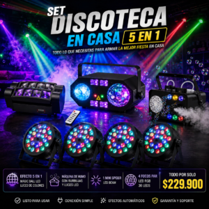 Set de luces para fiestas en casa con efecto 5 en 1, Mini Spider LED Beam, máquina de humo con burbujas y 4 focos PAR LED RGB de colores.