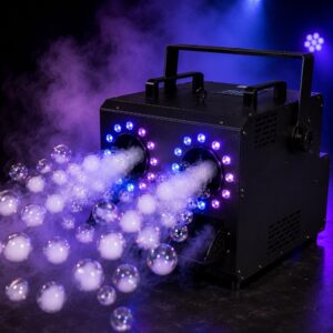 Máquina de burbujas de humo profesional con luces LED y control DMX generando burbujas llenas de humo para matrimonios, eventos, discotecas y escenarios.
