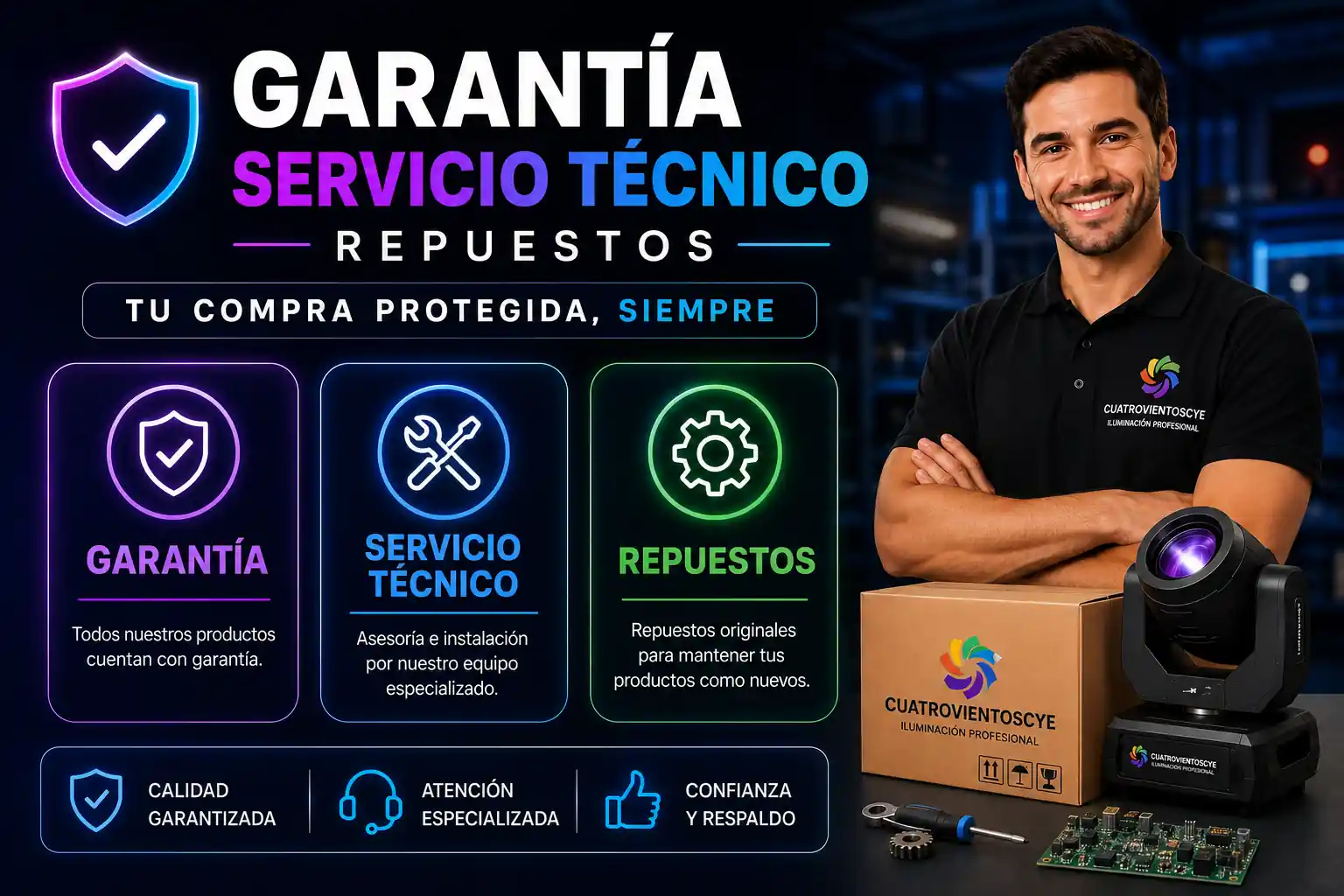 Garantía servicio técnico y repuestos para luces de fiestas Cuatrovientoscye Chile