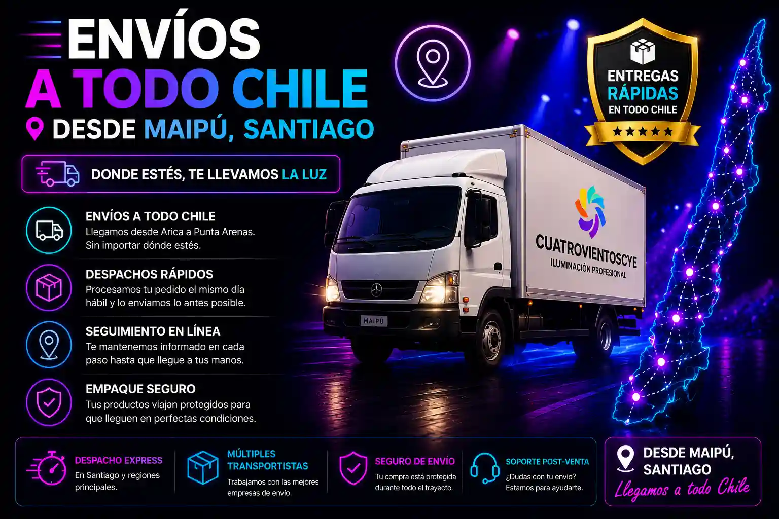 Envíos de luces para fiestas a todo Chile desde Maipú Santiago Cuatrovientoscye