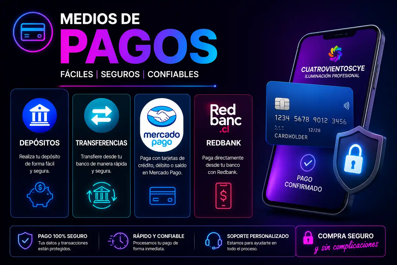 Medios de pago seguros para comprar luces para fiestas Cuatrovientoscye Chile