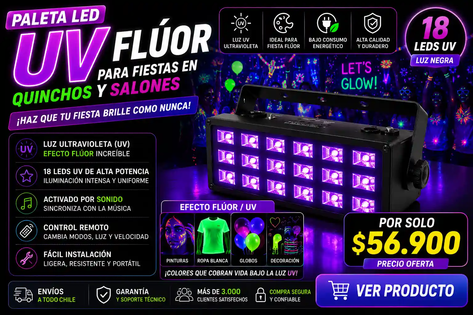 Paleta LED UV Flúor para Fiestas