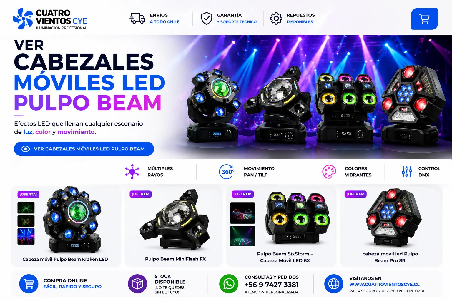 Cabezales móviles LED Pulpo Beam para fiestas, DJs, discotecas y eventos en Chile
