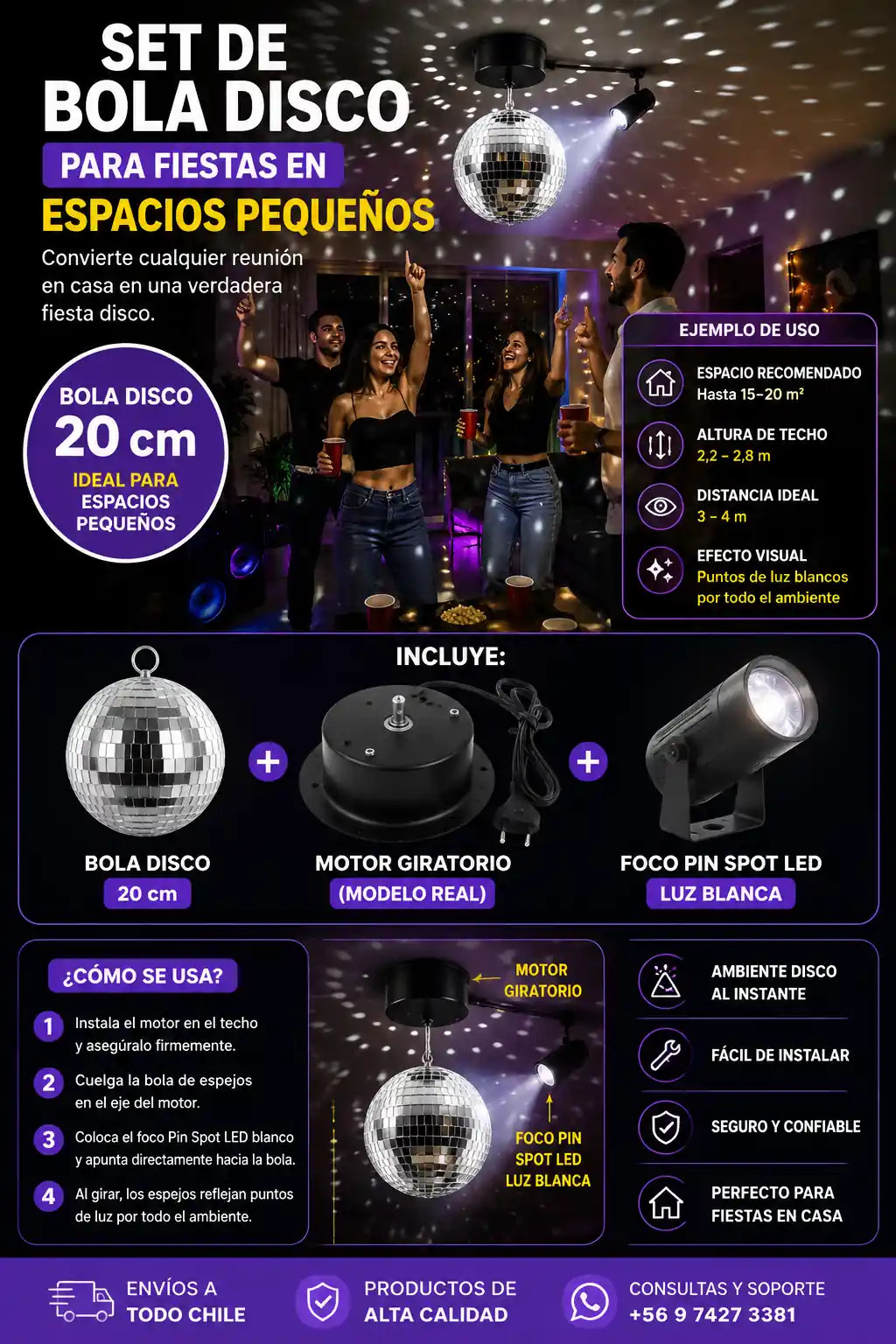 Bola disco 20 cm con motor y foco LED para fiestas en espacios pequeños