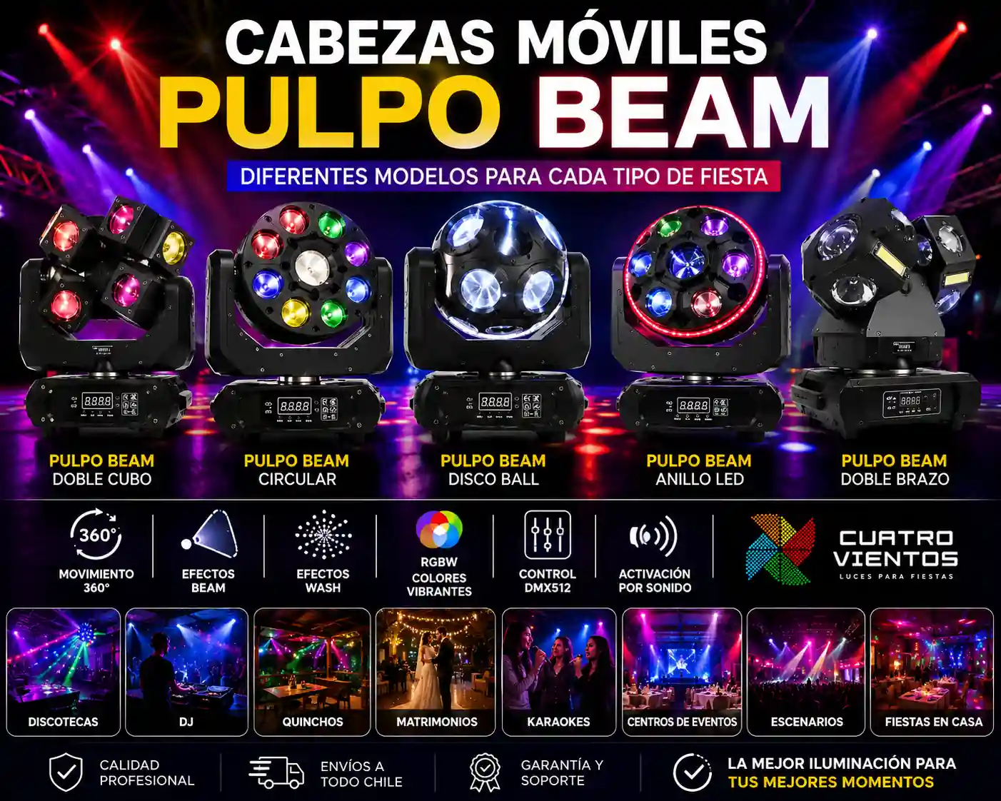 Cabezas móviles Pulpo Beam para discotecas DJs matrimonios y eventos