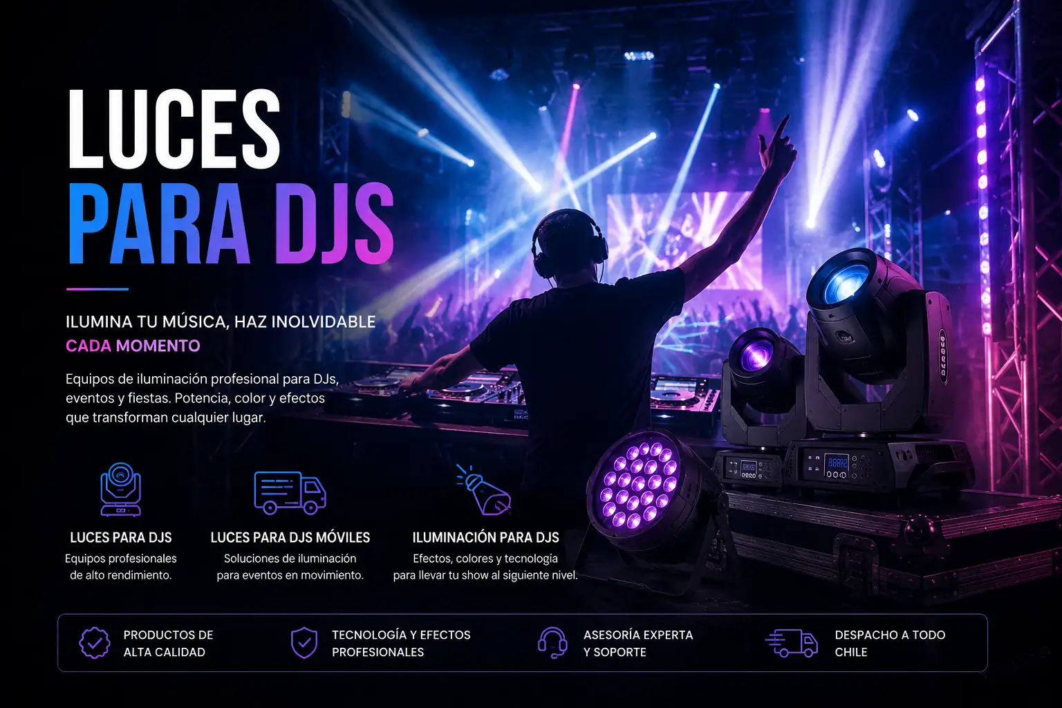Luces para DJs e iluminación para DJs móviles con equipos LED profesionales para fiestas y eventos