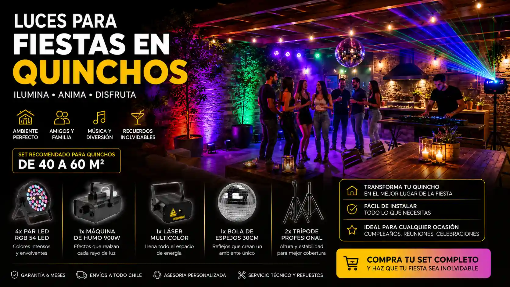 Luces para fiestas en quinchos con focos LED, láser, máquina de humo y bola disco