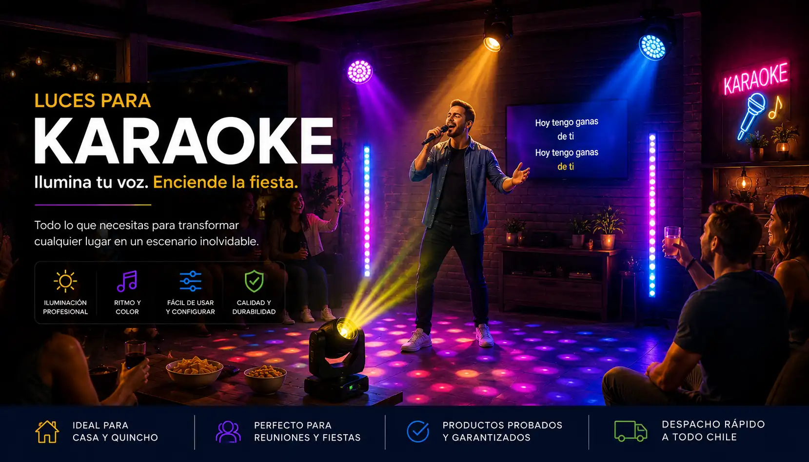 Luces para karaoke con barras LED y focos LED para fiestas en quinchos, patios y reuniones