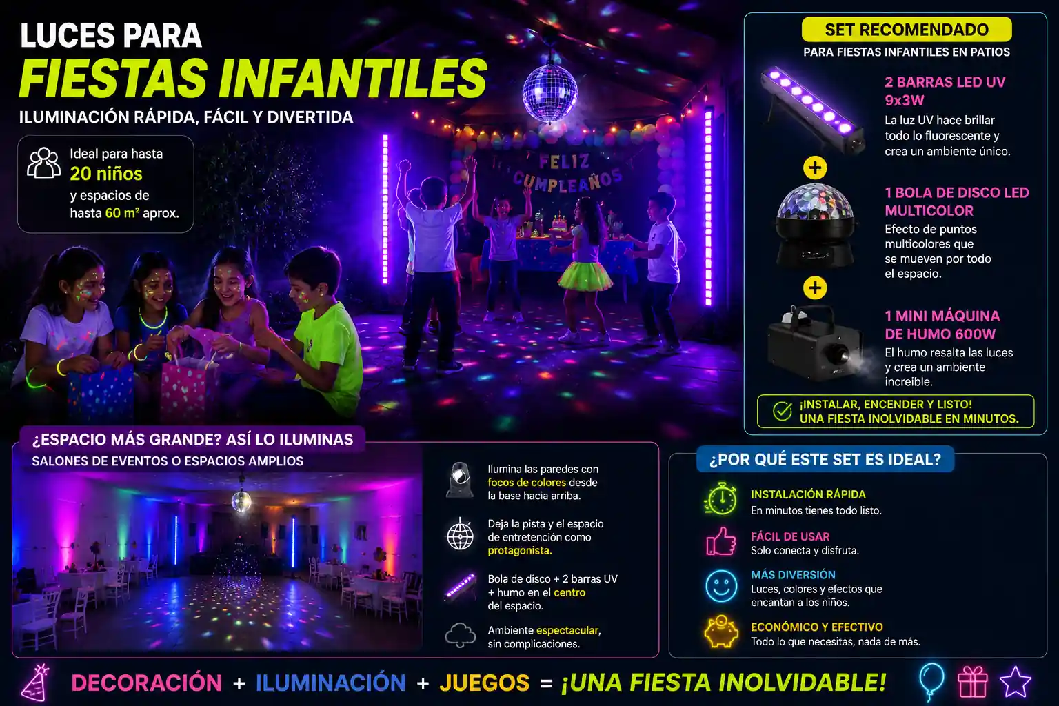 Set de luces para fiestas infantiles con iluminación flúor para cumpleaños en casa