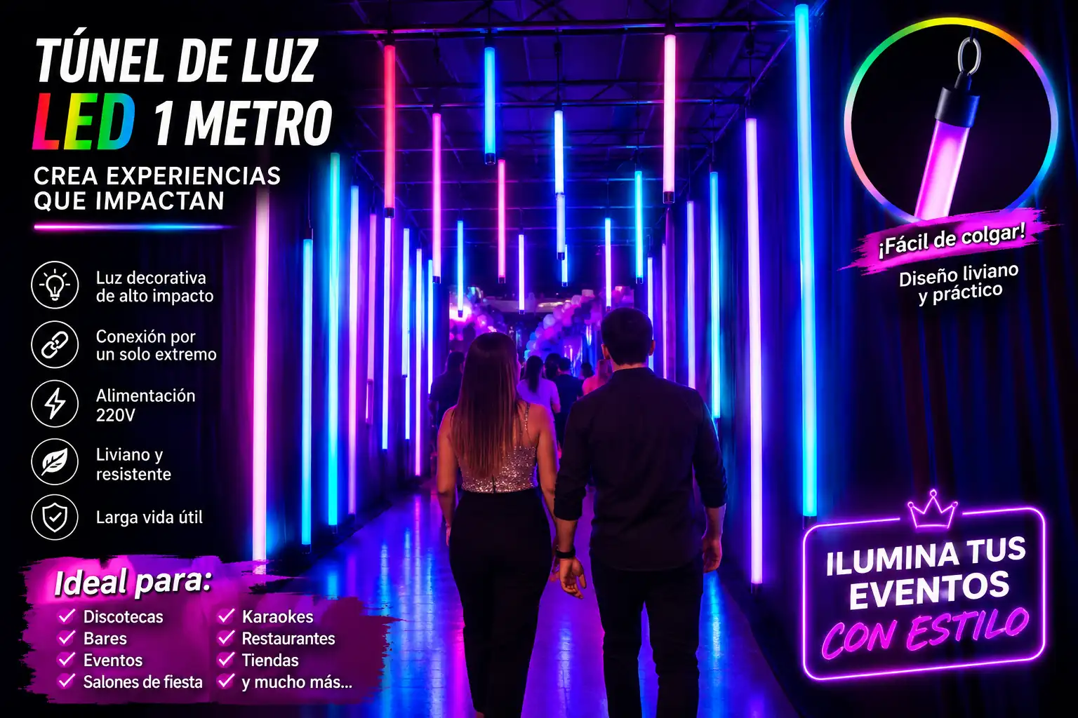 Tubos LED decorativos de colores instalados en espiral para bares discotecas pubs y restaurantes