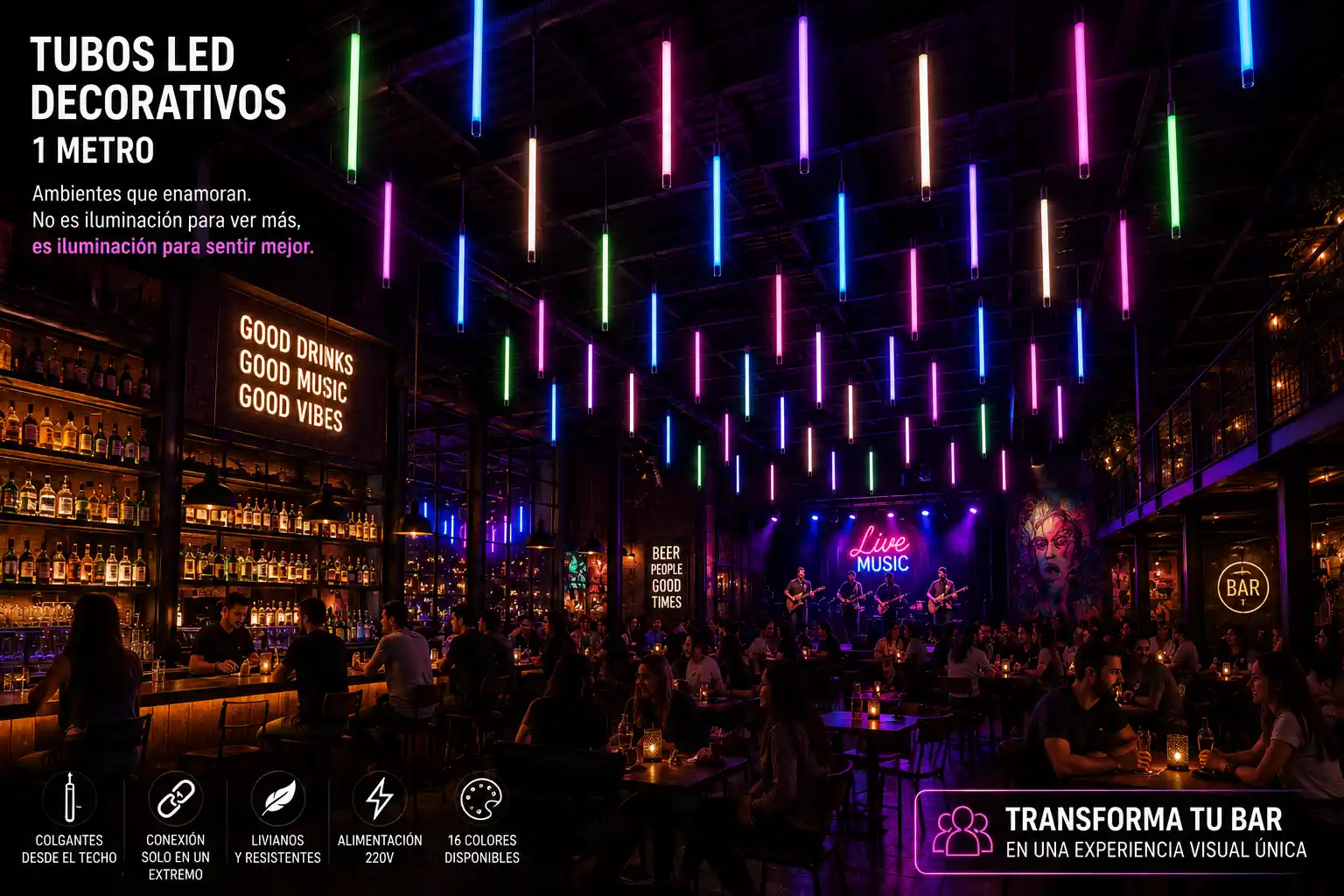 Tubos LED de colores de 120 cm formando figuras geométricas en techos de bares y locales comerciales