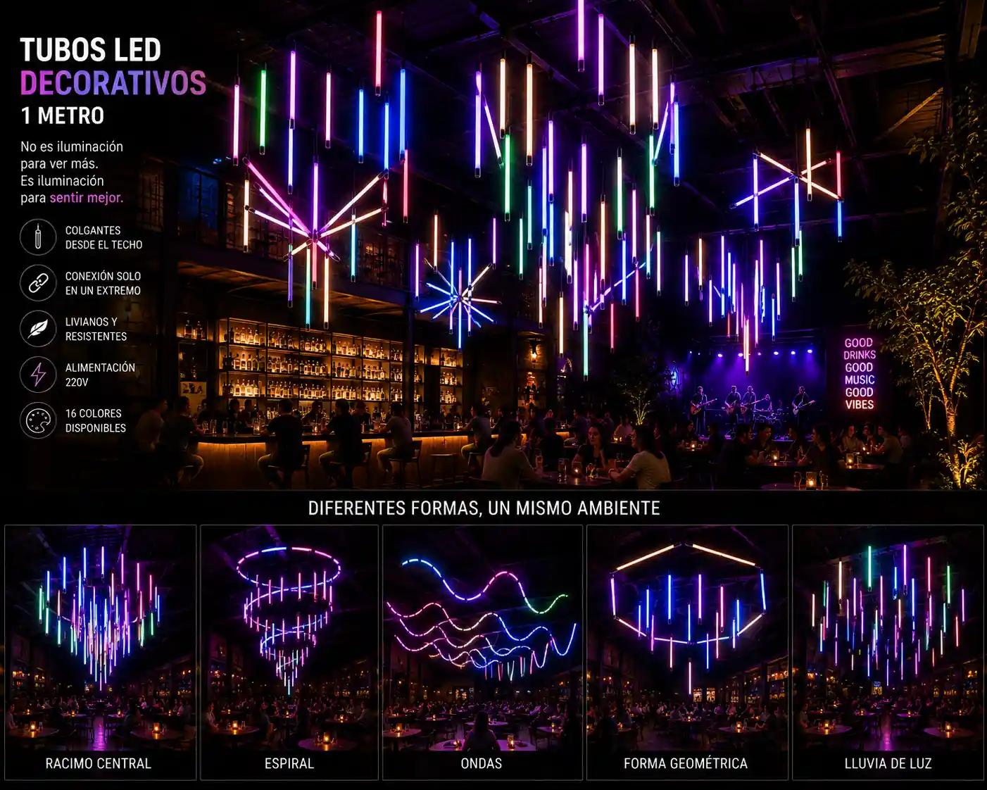 Tubos LED de colores formando diseños ondulados para decoración de eventos fiestas bares y escenarios
