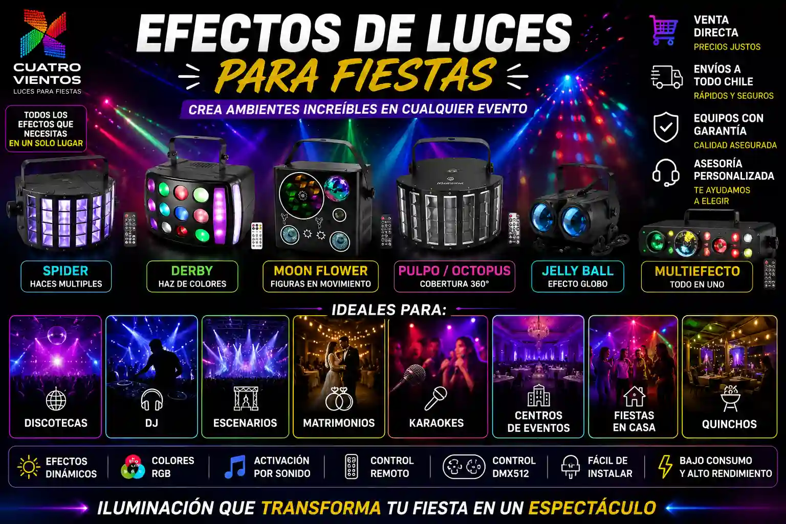 Efectos de luces disco LED para fiestas DJs pistas de baile y eventos
