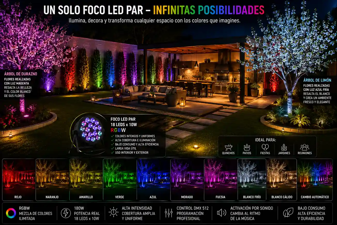 Focos LED PAR RGB para patios y jardines en Chile