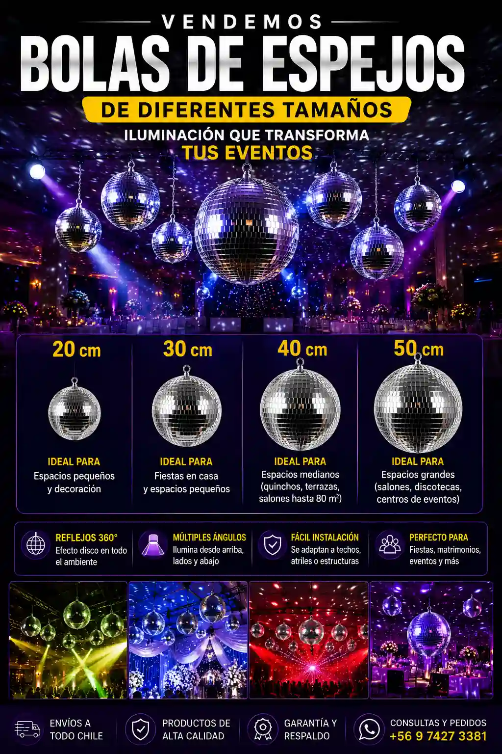 Racimo de bolas disco y bolas de espejos de diferentes tamaños para pista de baile
